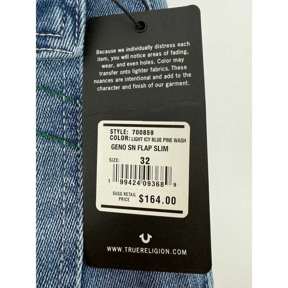 True Religion Geno SN Flap Slim Jeans 32 Light Icy Blue Pine Wash 700859 NEW